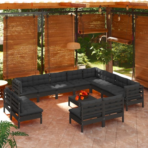 13 Piece Garden Lounge Set with Cushions Black Solid Pinewood