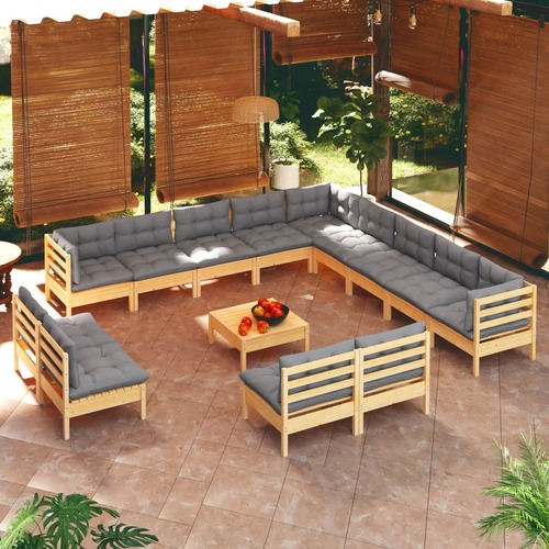 14 Piece Garden Lounge Set with Grey Cushions Solid Pinewood
