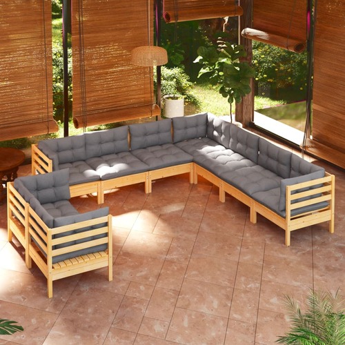 9 Piece Garden Lounge Set with Grey Cushions Solid Pinewood