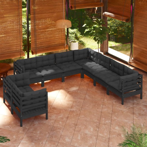 9 Piece Garden Lounge Set with Cushions Black Solid Pinewood