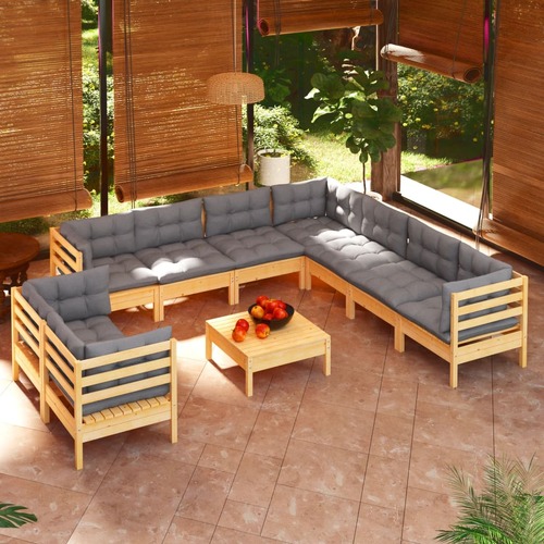 10 Piece Garden Lounge Set with Grey Cushions Solid Pinewood