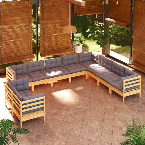 10 Piece Garden Lounge Set with Grey Cushions Solid Pinewood