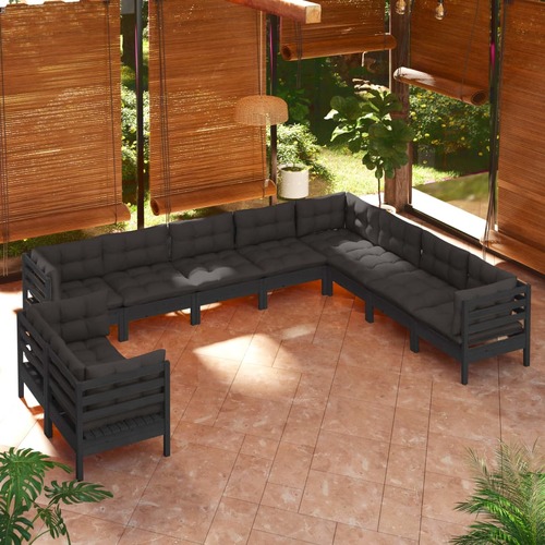10 Piece Garden Lounge Set with Cushions Black Solid Pinewood