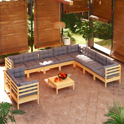 11 Piece Garden Lounge Set with Grey Cushions Solid Pinewood