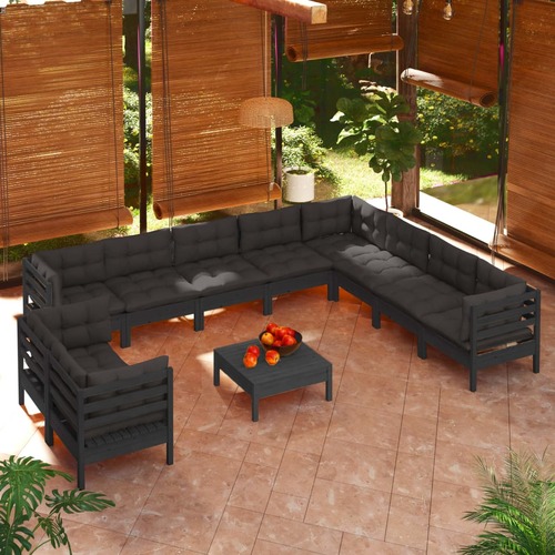 11 Piece Garden Lounge Set with Cushions Black Solid Pinewood