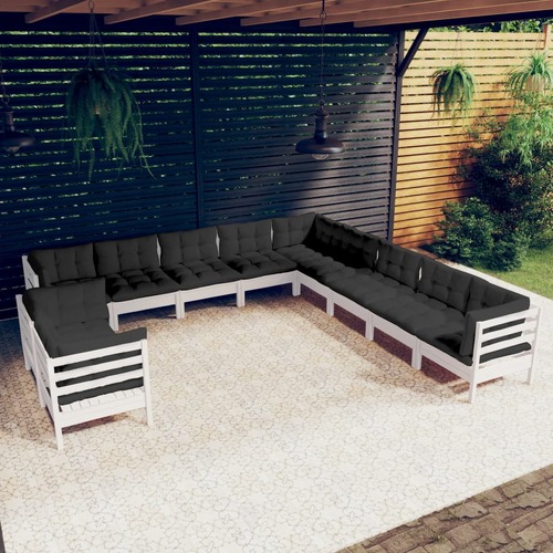 11 Piece Garden Lounge Set with Cushions White Solid Pinewood