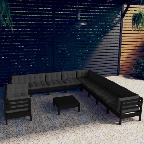 12 Piece Garden Lounge Set with Cushions Black Solid Pinewood