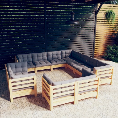 11 Piece Garden Lounge Set with Grey Cushions Solid Pinewood