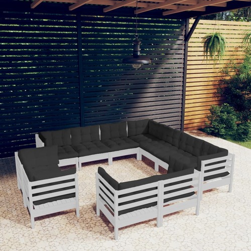 11 Piece Garden Lounge Set with Cushions White Solid Pinewood