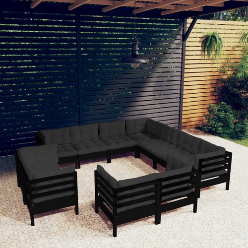 11 Piece Garden Lounge Set with Cushions Black Solid Pinewood