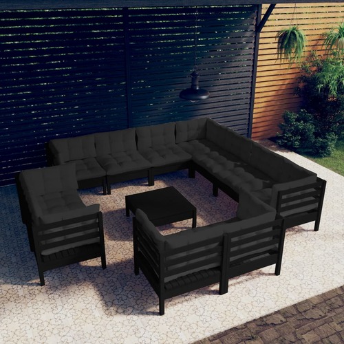 12 Piece Garden Lounge Set with Cushions Black Solid Pinewood