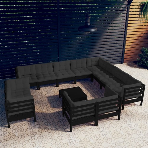 13 Piece Garden Lounge Set with Cushions Black Solid Pinewood
