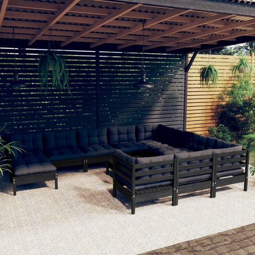 12 Piece Garden Lounge Set with Cushions Black Pinewood