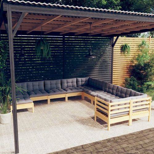 11 Piece Garden Lounge Set with Grey Cushions Pinewood