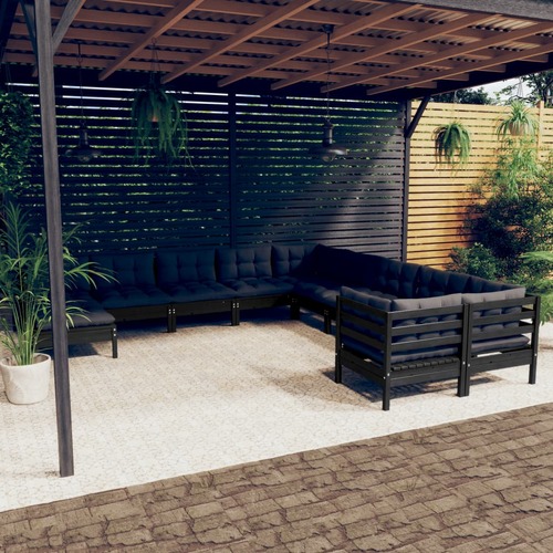 11 Piece Garden Lounge Set with Cushions Black Pinewood