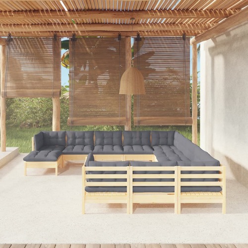 12 Piece Garden Lounge Set with Grey Cushions Pinewood