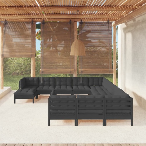 12 Piece Garden Lounge Set with Cushions Black Pinewood