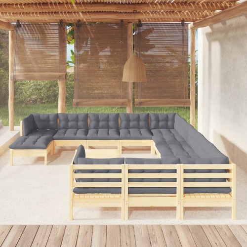 13 Piece Garden Lounge Set with Grey Cushions Pinewood