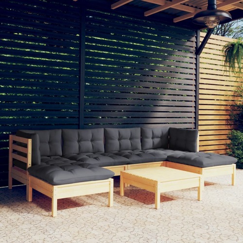 7 Piece Garden Lounge Set with Grey Cushions Pinewood