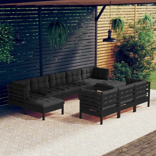 10 Piece Garden Lounge Set with Cushions Black Solid Pinewood