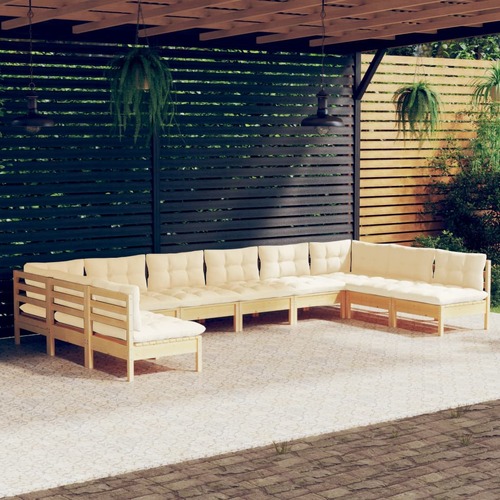 10 Piece Garden Lounge Set with Cream Cushions Solid Pinewood