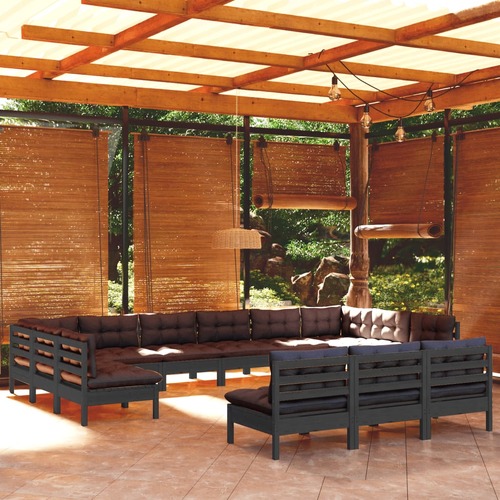 13 Piece Garden Lounge Set with Cushions Black Solid Pinewood