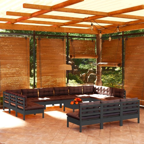 14 Piece Garden Lounge Set with Cushions Black Solid Pinewood