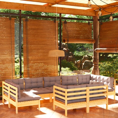 9 Piece Garden Lounge Set with Grey Cushions Solid Pinewood