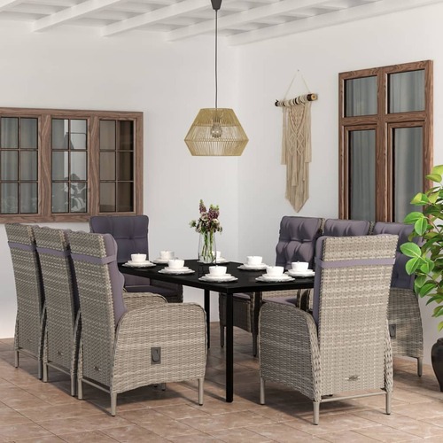9 Piece Garden Dining Set with Cushions Grey and Black