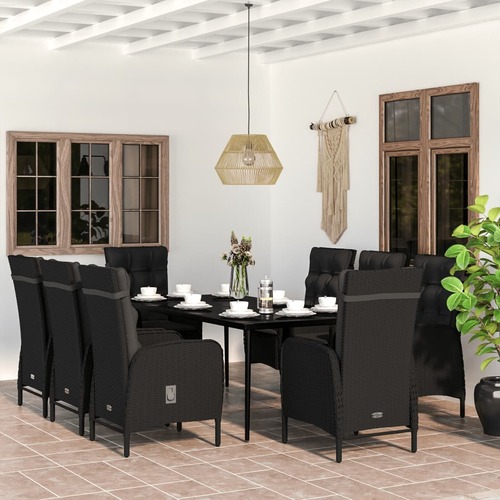 9 Piece Garden Dining Set with Cushions Black