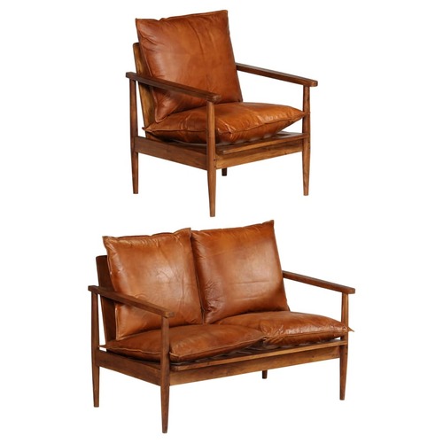 2 Piece Sofa Set Brown Real Leather and Solid Wood Acacia