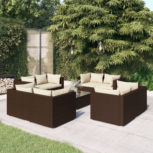 9 Piece Garden Lounge Set with Cushions Poly Rattan Brown