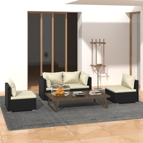 4 Piece Garden Lounge Set with Cushions Poly Rattan Black