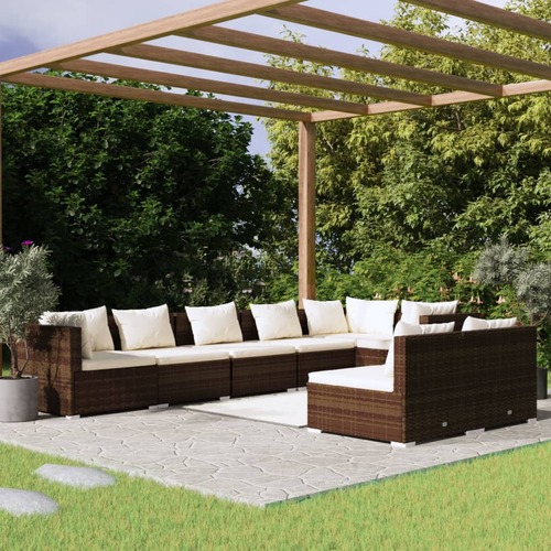 8 Piece Garden Lounge Set with Cushions Brown Poly Rattan