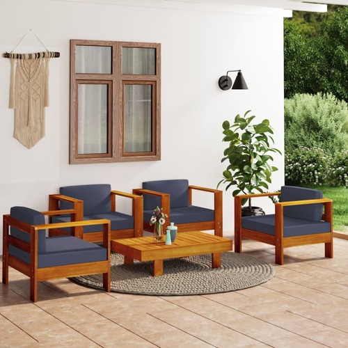 5 Piece Garden Lounge Set with Dark Grey Cushions Solid Wood