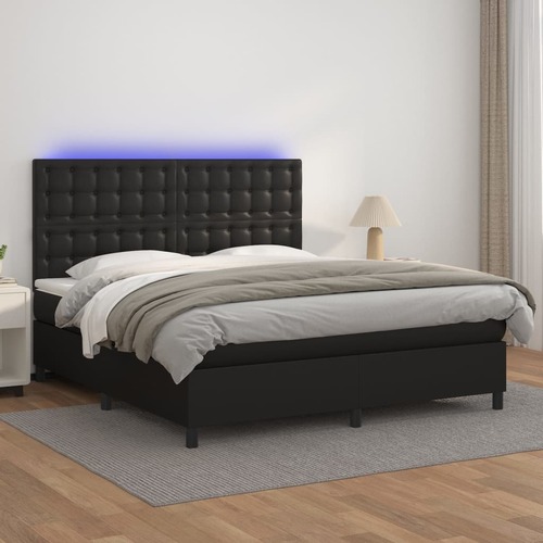 Box Spring Bed with Mattress&LED Black 153x203 cm Queen Size Faux Leather