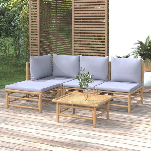 5 Piece Garden Lounge Set with Light Grey Cushions Bamboo