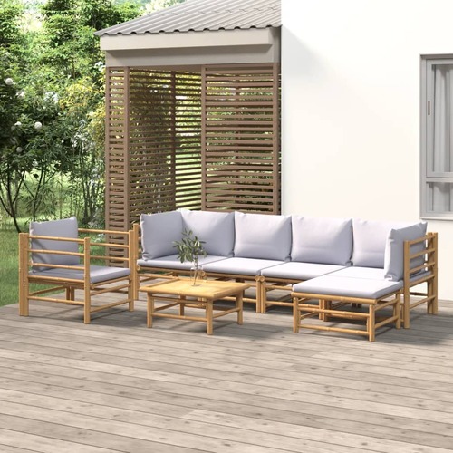 7 Piece Garden Lounge Set with Light Grey Cushions Bamboo