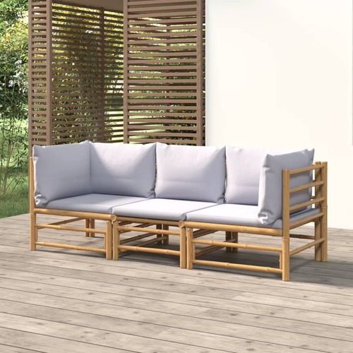 3 Piece Garden Lounge Set with Light Grey Cushions Bamboo