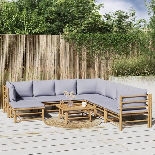 9 Piece Garden Lounge Set with Light Grey Cushions Bamboo
