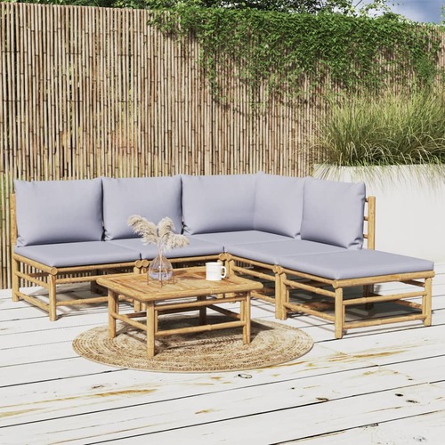 6 Piece Garden Lounge Set with Light Grey Cushions Bamboo