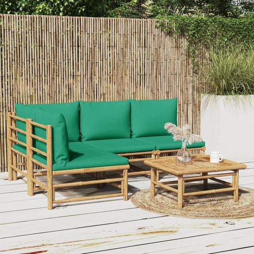 5 Piece Garden Lounge Set with Green Cushions  Bamboo