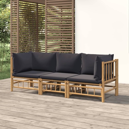 3 Piece Garden Lounge Set with Dark Grey Cushions  Bamboo