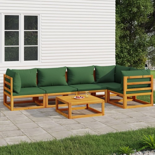 6 Piece Garden Lounge Set with Green Cushions Solid Wood