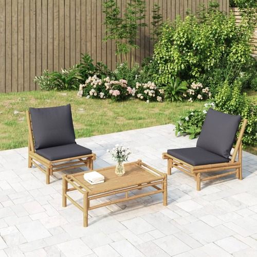 3 Piece Garden Lounge Set with Dark Grey Cushions Bamboo