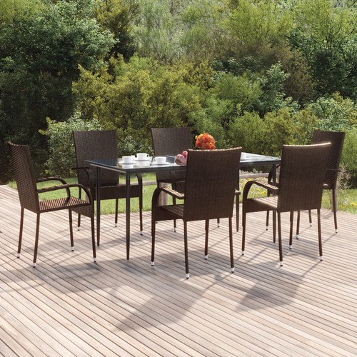 7 Piece Garden Dining Set Brown Poly Rattan