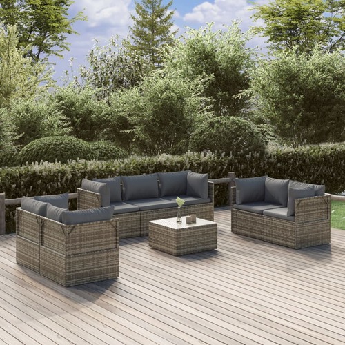 8 Piece Garden Lounge Set with Cushions Grey Poly Rattan