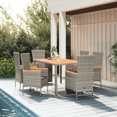 7 Piece Garden Dining Set with Cushions Grey  Poly Rattan