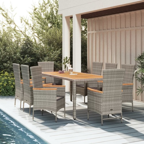 9 Piece Garden Dining Set with Cushions Grey  Poly Rattan