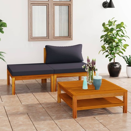 3 Piece Garden Lounge Set with Dark Grey Cushions Acacia Wood